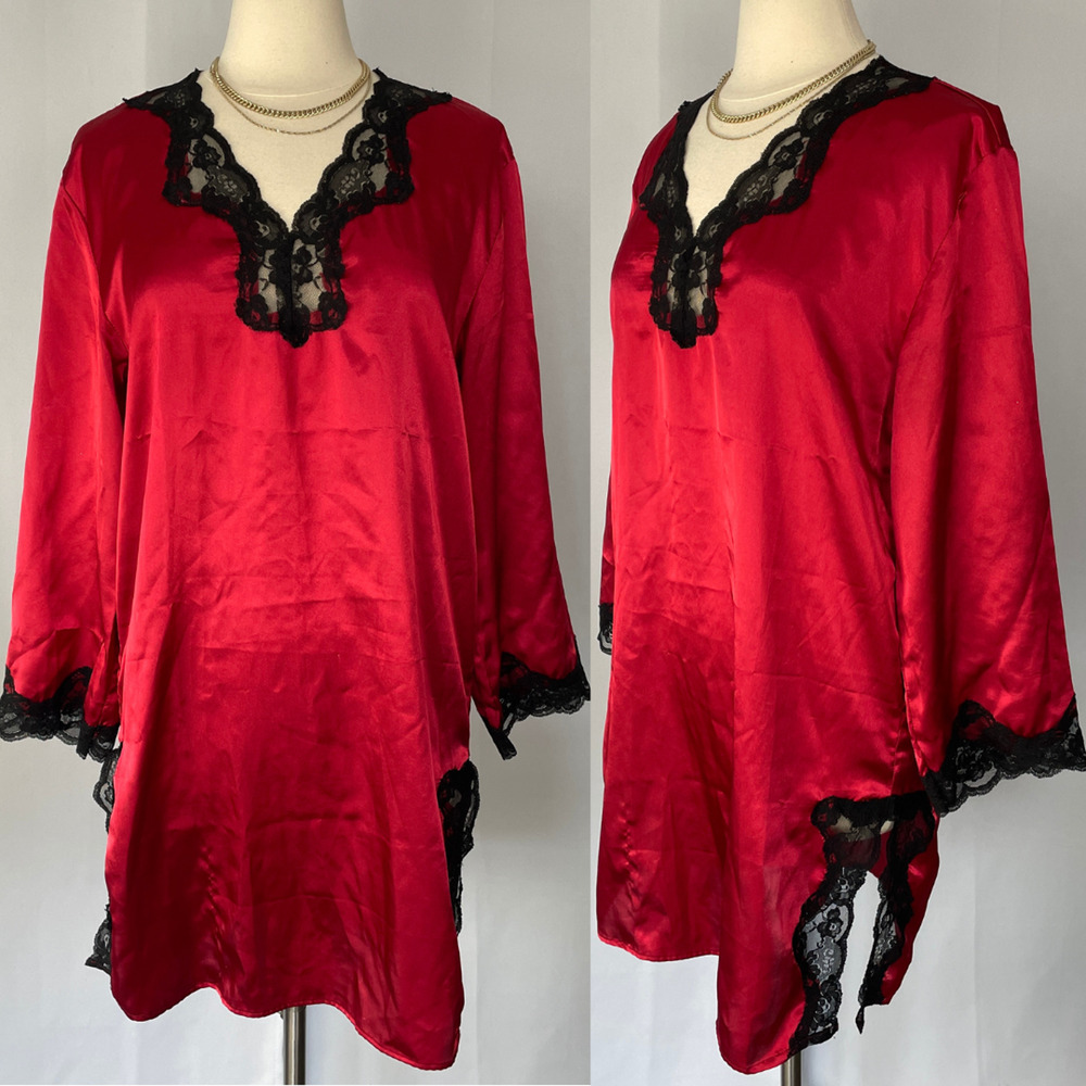 Lingerie Nightgown Size Small Red Satin Black Lace Long Sleeve Sleep Silky Sexy